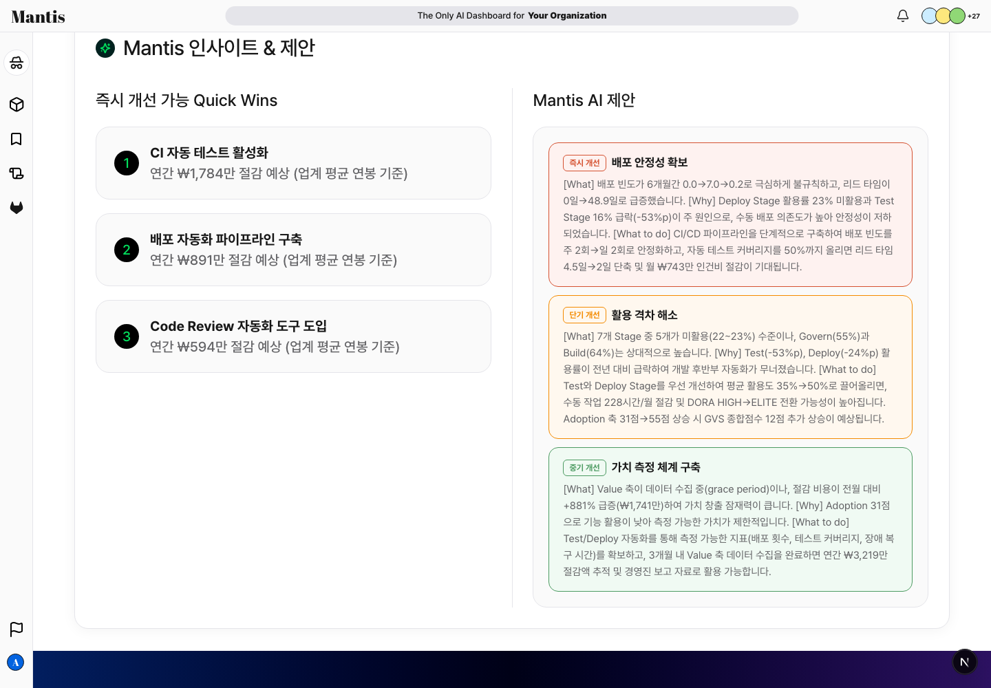GVS Mantis 인사이트 섹션 - 좌측에 즉시 개선 가능한 Quick Wins 목록, 우측에 Mantis AI 제안 카드들이 개선 시급도 배지와 함께 표시된 화면
